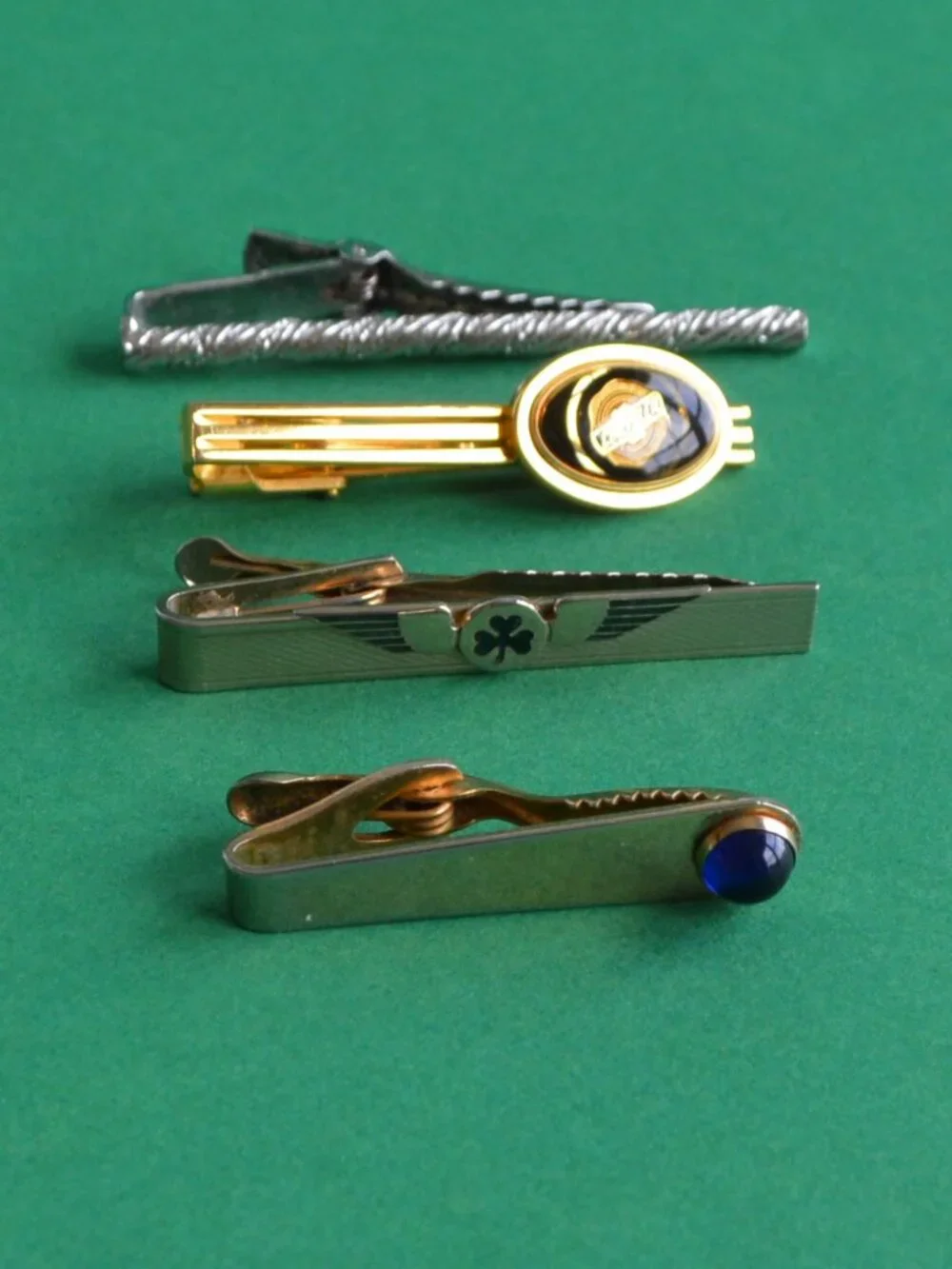 Set of 4 Tie Clasps/Tacks-Chrysler, Square, Blue Stone, Rope, and Central Wing